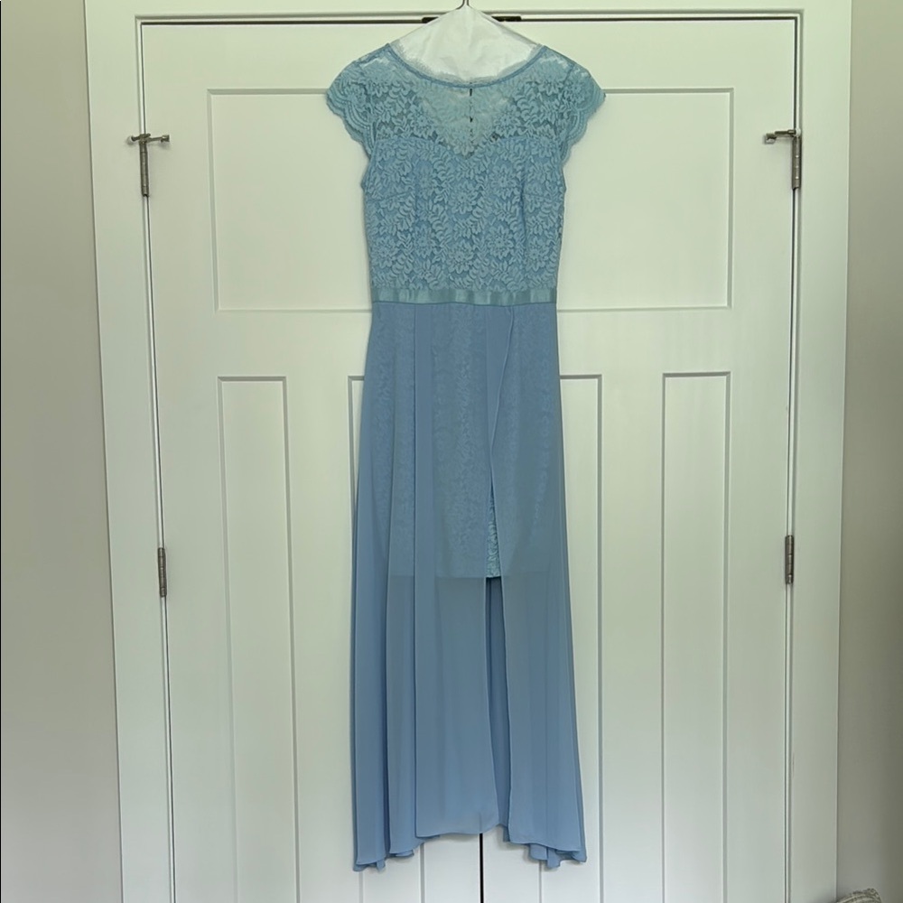 Miusol Blue High Low Gown with Flutter Cap Sleeves